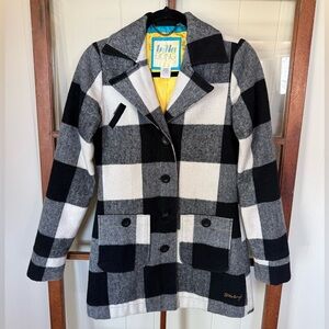 Billabong Women's Vintage Y2K Black and White Plaid Wool Blend Pea Coat - Small